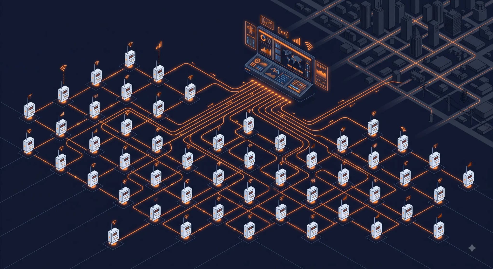 Advanced Metering Infrastructure connecting smart meters, HES, and MDMS to the grid
